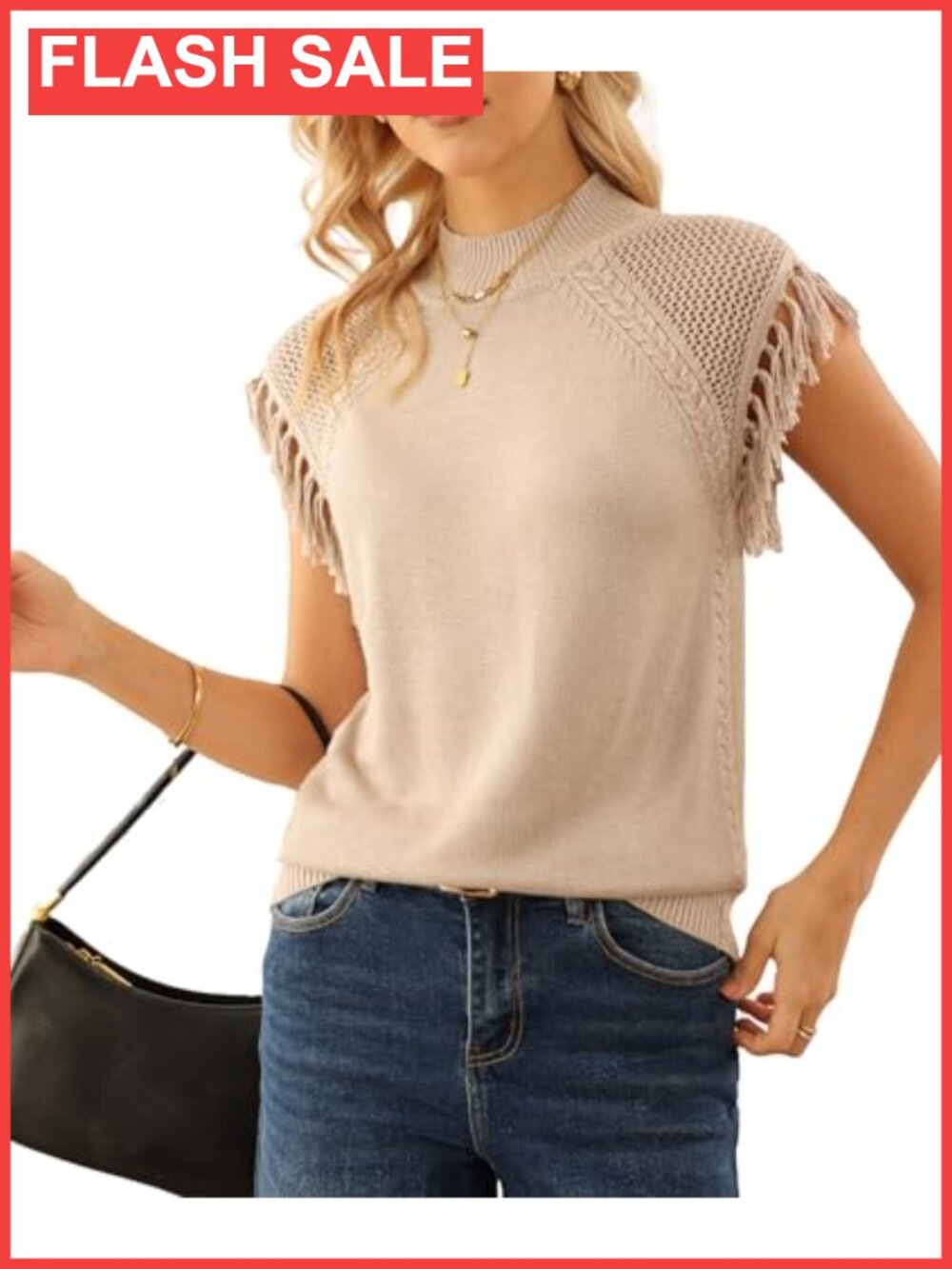 Cap Sleeve Fringe Cable Knit Sweater Vest Crochet Blouse